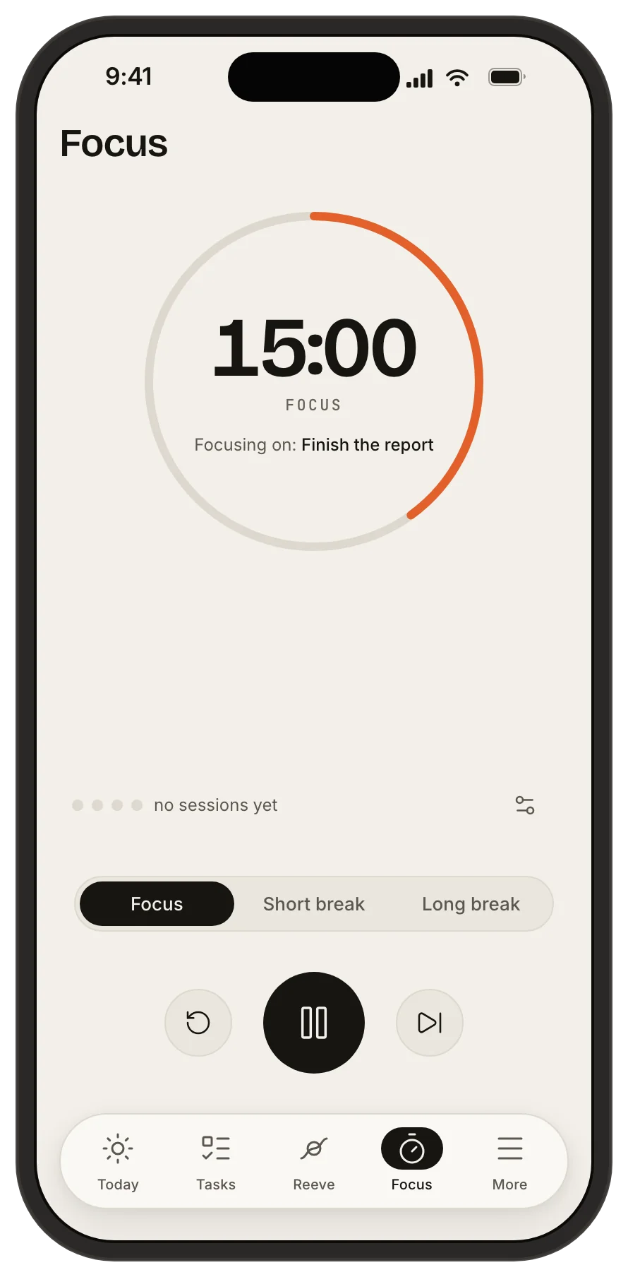 Tethril Focus: a 15 minute timer ring naming the task you are focusing on.