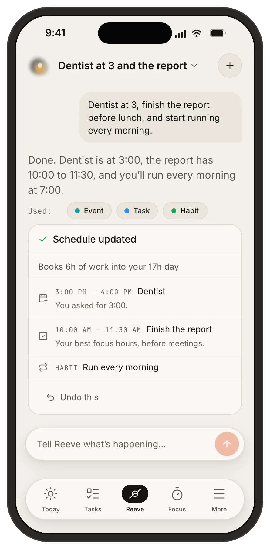 Tethril Reeve: a plain-English request, the reply, and a Schedule updated card with an Undo row.